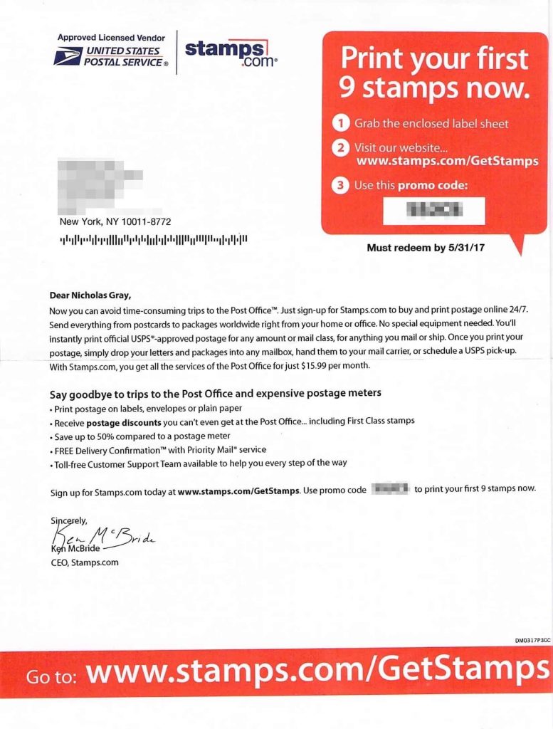 Direct Mail Review: Stamps.com 9 Postage Stamps